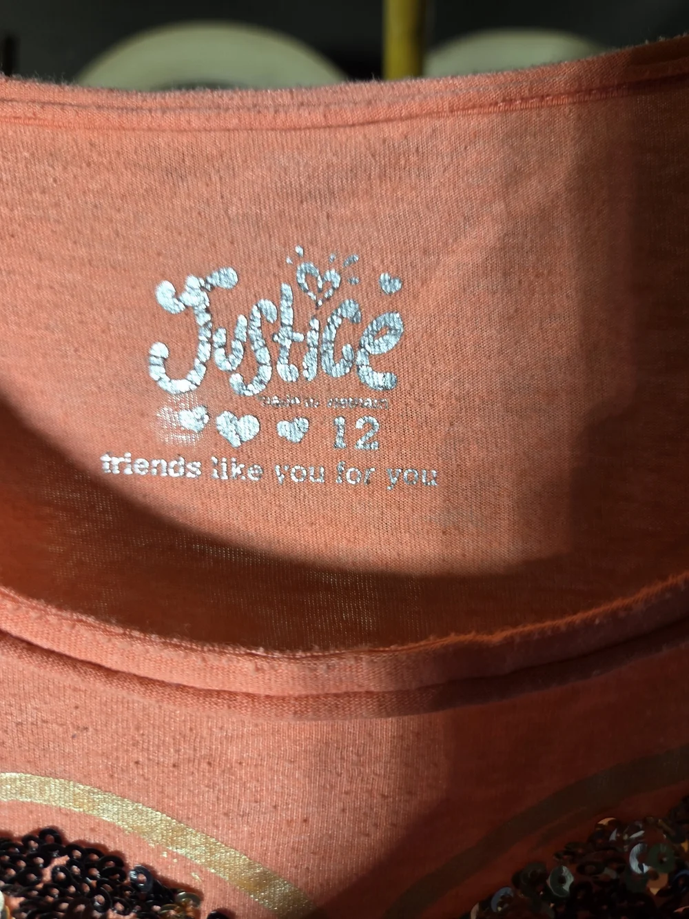 Justice Coral Fringe Tee with Sequin Heart